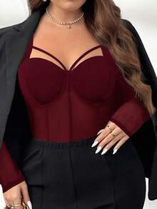 Firerie Blusa elegante de talla grande con diseño de malla y cordones calados, adecuada para el trabajo, citas, fiestas y eventos elegantes. Color negro sólido, estilo sofisticado y ligeramente sexy, ideal para vacaciones, Año Nuevo, fiestas y oficina elegante. - Burdeos - Ver 6