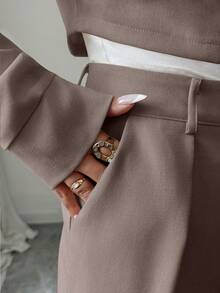 Elenzga 优雅休闲时尚办公通勤返校两件套，方领西装外套搭配宽松直筒裤，秋冬款 - 摩卡棕 - 查看 6