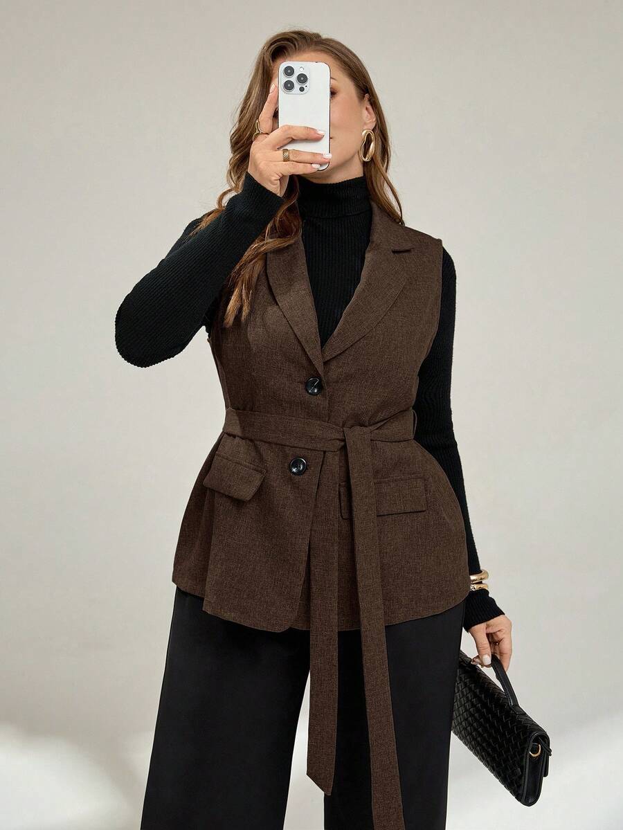 Auralis Plus Size Women's Spring And Autumn Fashion Casual Loose Comfortable Daily Brown Vest Blazer, Old Money Style, Work Wear, Business Casual Women, Fall, Office ,Women Blazer - Brown - View 1