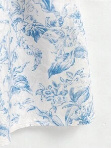 1-Piece Tween Girls Glamorous Vacation Jacquard Knot-Shoulder Cinched-Waist Lightweight Non-Fleece Summer Dress - Blue and White - View 2