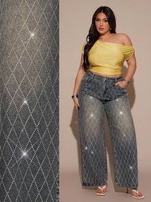 Slaydiva Quần jean ống rộng họa tiết kim cương giả cạp cao thời trang dạo phố cỡ lớn cho nữ - Màu xanh lam - Xem 1