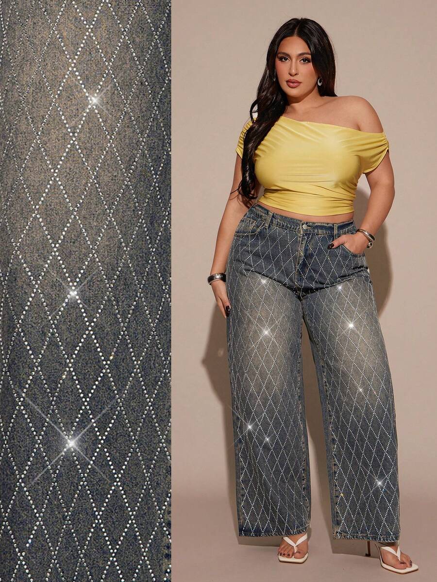 Slaydiva Quần jean ống rộng họa tiết kim cương giả cạp cao thời trang dạo phố cỡ lớn cho nữ - Màu xanh lam - Xem 1