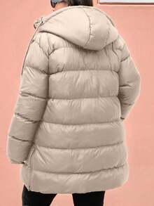 EURMUSE Plus Size Zip Up Drawstring Hooded Padded Coat - Cream - View 2