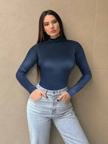 SHEIN Essnce Body de manga larga con cuello Mao y efecto degradado para mujer - Azul Marino - Ver 3