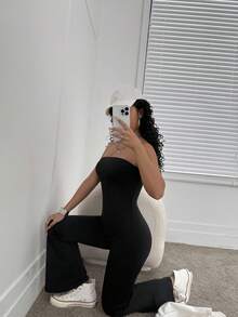 INAWLY Bộ áo liền quần ống rộng quây màu trơn thời trang mùa hè cho nữ - màu đen - Xem 8