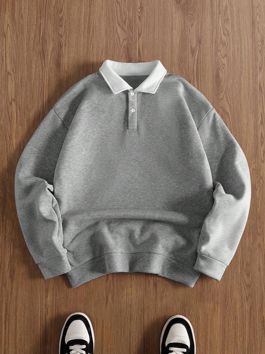 TOKVUE 男士宽松撞色 Polo 领长袖卫衣，秋冬款 - 淺灰色 - 查看 1