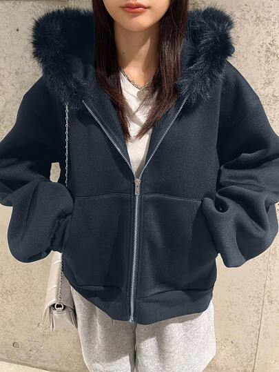 FRIFUL 女士纯色保暖连帽卫衣，带毛领