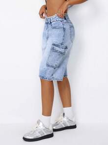 SHEIN Tall 中腰工装口袋破洞牛仔短裤 - 淺色水洗藍 - 查看 4