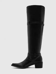 CUCCOO BIZCHIC Women's Fashionable Versatile Commuting Adjustable Buckle Chunky Heel Over-The-Knee Boots For Christmas - Black - View 10