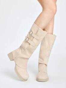 ROMWE Kawaii 女士时尚双排扣侧扣方跟圆头踝靴，百搭简约修身，适合春秋季节 - 杏色 - 查看 4