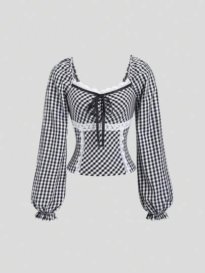 Sweetra 女士浪漫优雅复古格子拼接蕾丝荷叶边蝴蝶结装饰泡泡袖休闲通勤约会简约百搭长袖衬衫，秋冬款