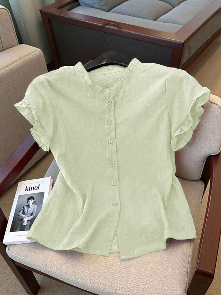 Resyla 女士纯色荷叶边单排扣休闲衬衫 - 薄荷綠 - 查看 1