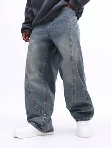 SUMWON Quần jeans ống rộng đường may Extreme Skater, chất liệu denim giặt vintage, phom rộng thoải mái cao cấp, phong cách streetwear, quần thường ngày thoải mái - Màu xanh lam - Xem 5