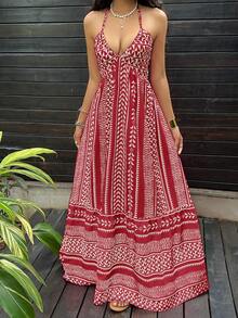 SHEIN Unity Pink Digital Print Fitted Waist Backless Halter Neck Vacation Style French V-Neck Dress - Multicolor - View 4