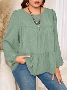 EMERY ROSE Blus Wanita Ukuran Besar Warna Hijau Sage Musim Gugur Elegan Formal Longgar Leher Bulat Lengan Lentera Hem Berkerut, Atasan Pesta Tahun Baru Natal Gaya Boho - Hijau - View 4