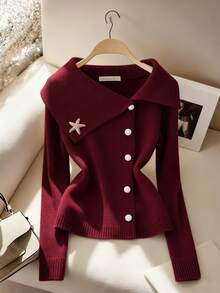 Franclia Elegant Metallic Starfish Button Cardigan With Oversized Collar, Waist Cinching Design, Flattering Fit - Inspired By European Fashion Blogger Styles - Burgundy - View 6