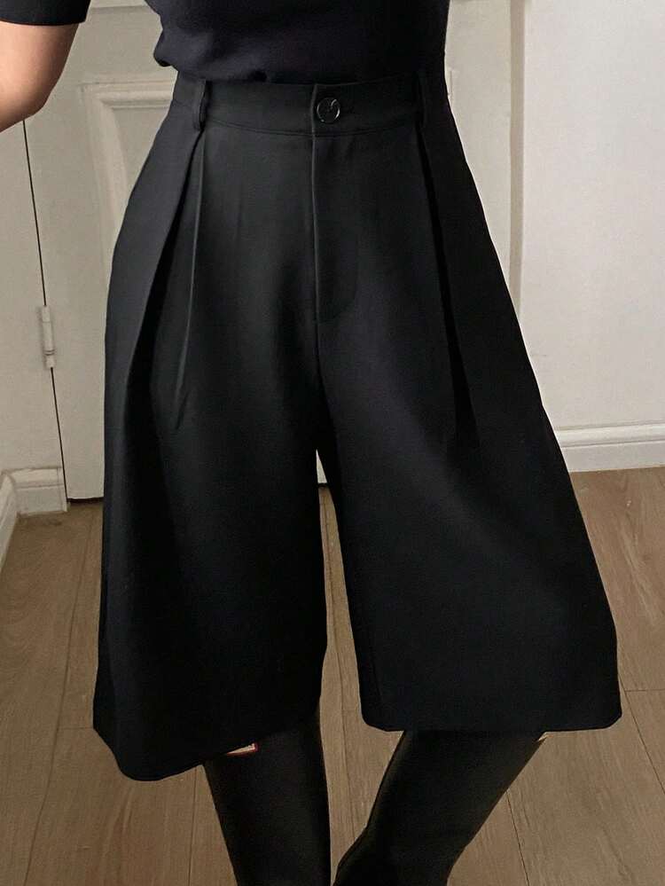 Women's Solid Color Pleated Pocket Capri Pants, Casual Retro Style, Autumn/Winter
