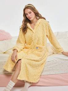 Bonmuse 1pc Solid Color Wool Jacquard Casual Robe, Autumn/Winter Warm Thermal Lined Long Sleeve Flannel Hooded Loose Fluffy Bathrobe With Pockets, Women Sleepwear Loungewear, Fall, Cozyfor Summer - Mustard Yellow - View 3