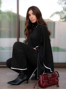 Hitanina Bộ 2 áo len cardigan dài cổ đứng cho nữ - màu đen - Xem 5