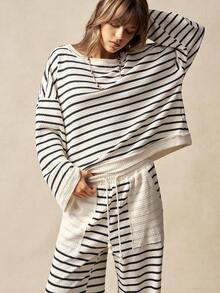 Bohemela Boho Vacation Casual Striped Loose Knit T-Shirt & Wide Leg Pants 2 Pieces Set For Women - Black and White - View 6