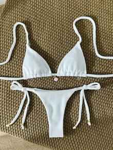 Swim Mod Women's Jacquard Fabric Halter Metallic Decor Sexy Bikini Set, Summer - White - View 3