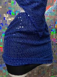 Conjunto de 2 piezas de top halter asimétrico de lentejuela de unicolor y minifalda sexy - Azul - Ver 4