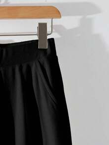 Franclia 女士高腰口袋针织喇叭裤，休闲宽松日常穿着，秋冬款 - 黑色 - 查看 4