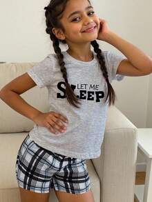 SHEIN Leap Crew 少女休闲简约灰色字母图案T恤和格子短裤睡衣套装，修身款，春夏款 - 彩色 - 查看 3