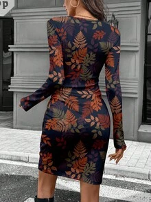 SHEIN LUNE 女士秋季长袖褶皱腰身修身优雅罗纹短款连衣裙，秋冬款 - 彩色 - 查看 2