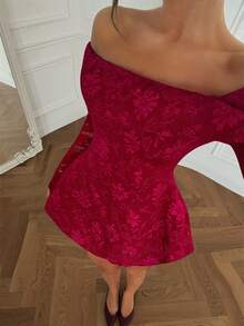 Glamine Charm Women's Elegant Jacquard Off-Shoulder Lace Splice Mini Dress, Suitable For Birthday Party, Back To School, Graduation Dance, Sisters Gathering, Afternoon Tea, Christmas Party, New Year Party, Thanksgiving Outfit Dinner Date Dress Birthday Dinner Dress Off Shoulder Dress Red Lace Dress Women Sexy Red Dress Christmas Party Dress - Red - View 4