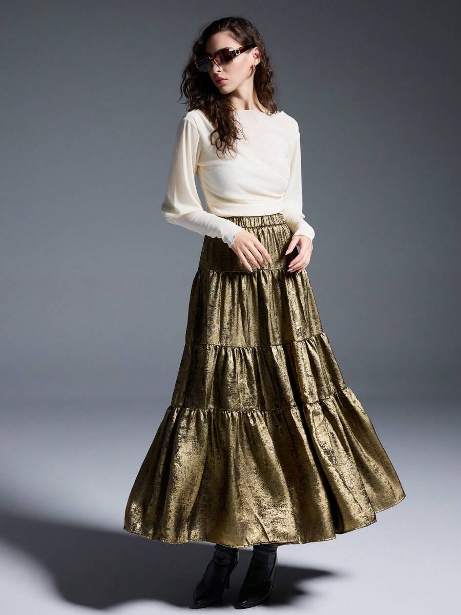 MYSTAURA Women's Metallic Elastic Waist Layered Ruffle Hem Fashionable Skirt - Gold - View 1