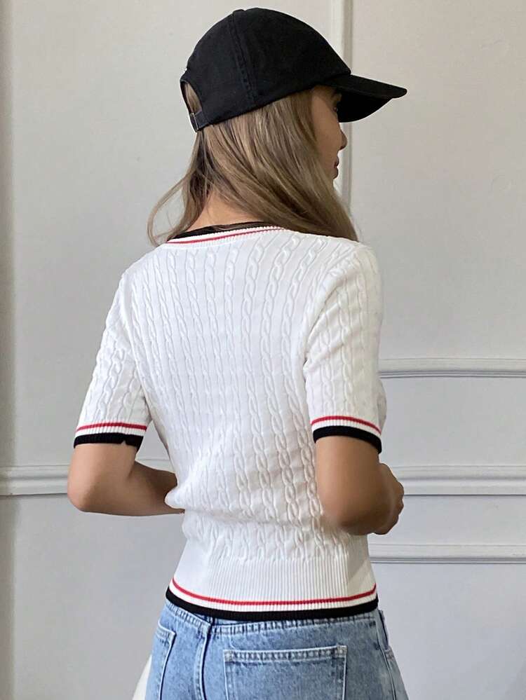 Contrast Stripe Fitted V-Neck Short Sleeve Elegant Vintage Knit Top For Women, Autumn/Winter