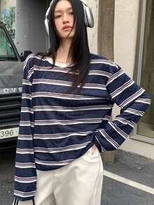 K-Vae Áo thun kẻ sọc cánh dơi rộng rãi cho nữ, mùa thu - Màu xanh lam - Xem 6