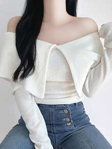 DAZY 1pc Women's Off-Shoulder Long Sleeve Cropped Top, Unique Design - Beige - View 5