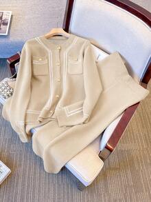 SHEIN Franclia 女士圆领单排扣开衫搭配针织裤，时尚休闲通勤套装，秋冬款 - 卡其色 - 查看 3