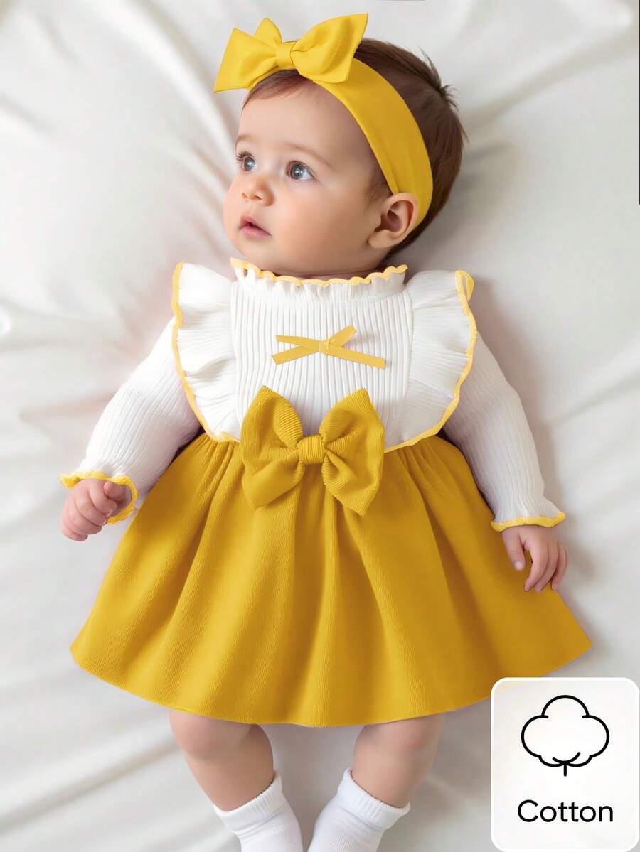 Newborn Baby Girl Butter Yellow Dress Long Sleeved Lace Collar Patchwork Bow Birthday Outfit Summer Elegant Retro Cute Clothes For Spring Fall - Yellow - View 1