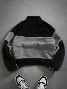 PAVTROS 男士休闲撞色抓绒拉链外套，秋冬男士街头风抓绒拉链外套 - 黑色 - 查看 2