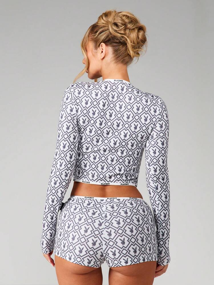 Missguided x Playboy Bunny Print Cropped Cardigan And Shorts Lounge Set With Button Front Detail For Casual Comfort