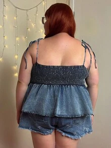 Enliva Abidrinkell Plus Size Blue Denim Cami Top Casual And Ruffles Sweet Summer Cami Top, For Apple Rounded Body Shape - Medium Wash - View 2
