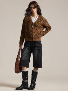 Easelle Cardigan à col en V et boutons femme, imprimé léopard, automne/hiver - Tabac - Voir 9