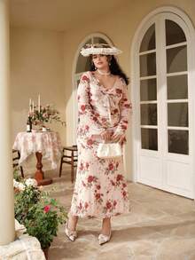 SHEIN MOD 女士加大码V领印花扭结前襟长袖上衣和半裙度假套装 - 彩色 - 查看 10