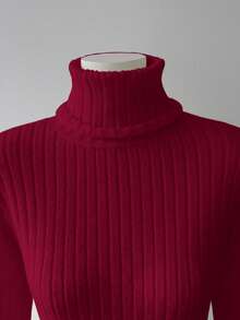 GlowEve 秋冬新款金属可调节扣腰带，高领喇叭袖休闲舒适时尚优雅毛衣裙，适合多种场合 - 酒紅色 - 查看 5