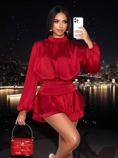 SOLERSUN Women's Sexy & Elegant Mock Neck Lantern Sleeve Pleated Waist Ruffle Trimmed Satin Party Romper,Suitable For Christmas Party Valentine's Day Dating,Fall/Winter