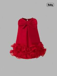 Sweetra Baby Girls' Elegant Sleeveless Bow Decor Ruffle Mesh Hem Dress, Spring/Summer - Red - View 1