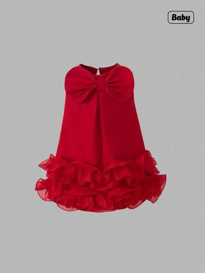 Sweetra Baby Girls' Elegant Sleeveless Bow Decor Ruffle Mesh Hem Dress, Spring/Summer