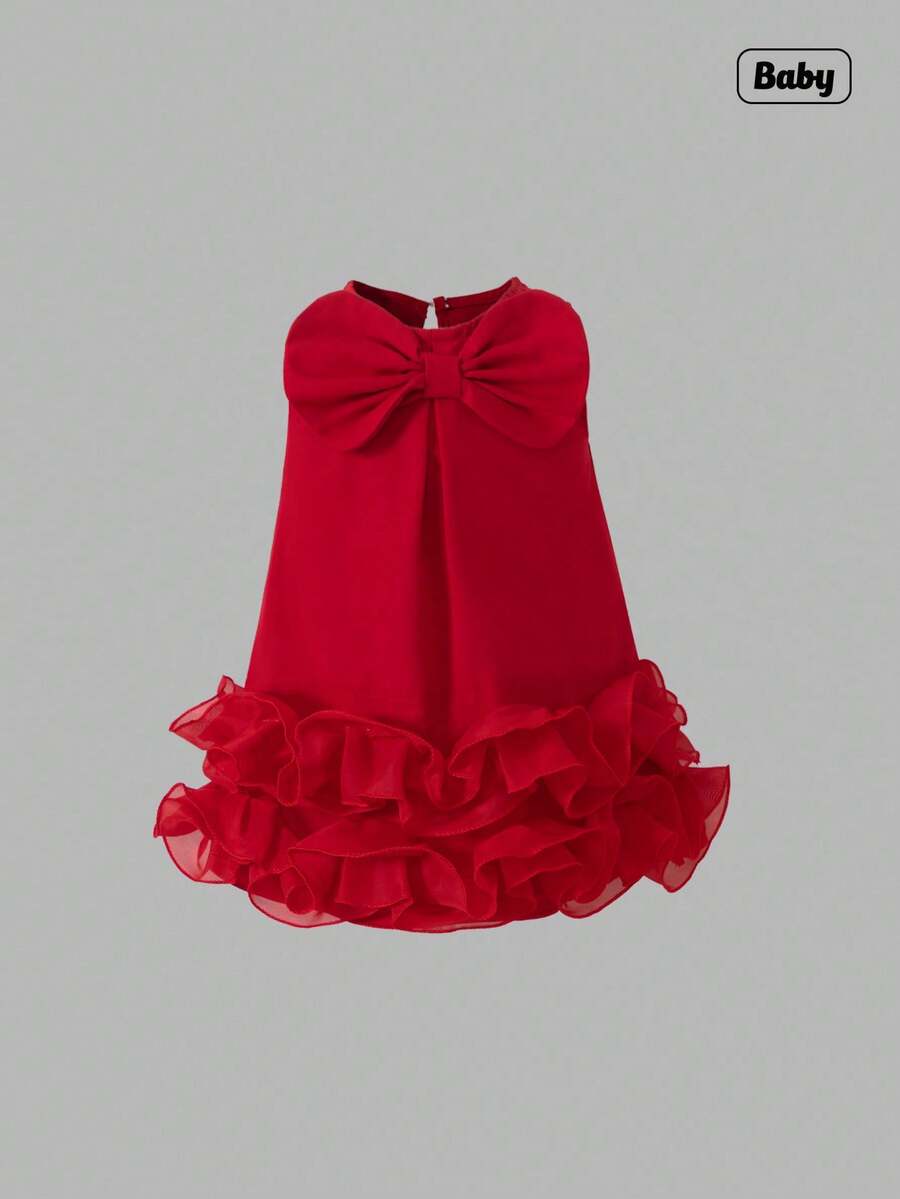 Sweetra Baby Girls' Elegant Sleeveless Bow Decor Ruffle Mesh Hem Dress, Spring/Summer - Red - View 1