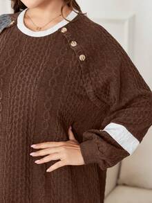 Lacomfia Plus Size Color Block Long Sleeve Casual Knit Hoodie - Brown - View 7