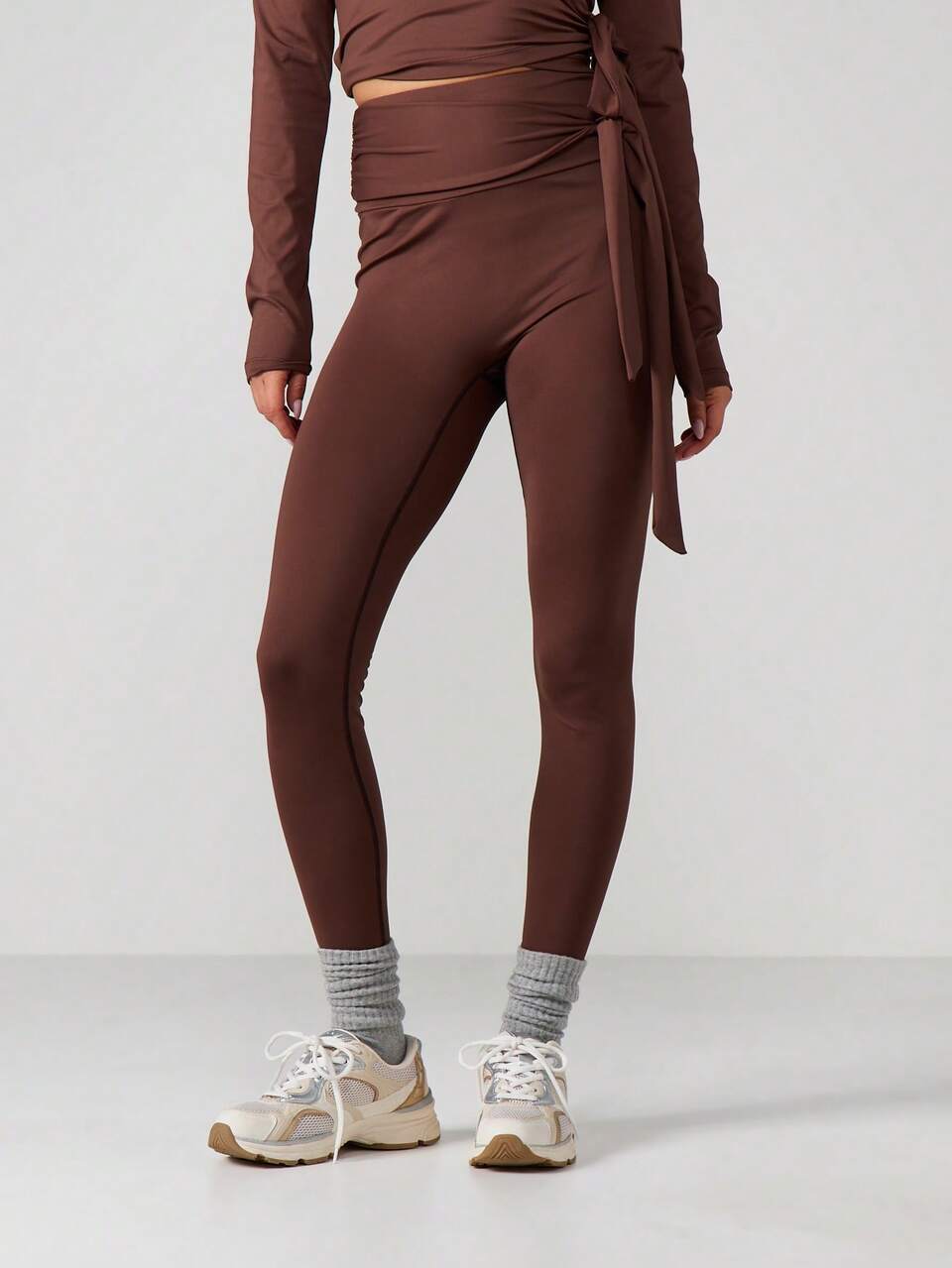 MISSGUIDED Leggings in vita alta con dettaglio a fiocco e accento laterale avvolgente, pantaloni da yoga a lunghezza intera in tessuto elastico per attività fisica