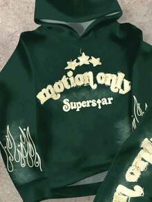 SHEIN Teen Boy Casual Minimalist Autumn New Y2K Hiphop Style Star, Flame, Cool English Letter Graphic Hoodie & Flare Pants Set - Multicolor - View 5