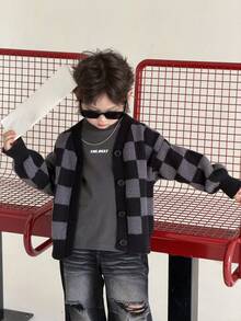 DAZY Young Boy Fashionable Street Style Checkered Pattern Dropped Shoulder Loose Button-Up Cardigan, Autumn/Winter - Black - View 4